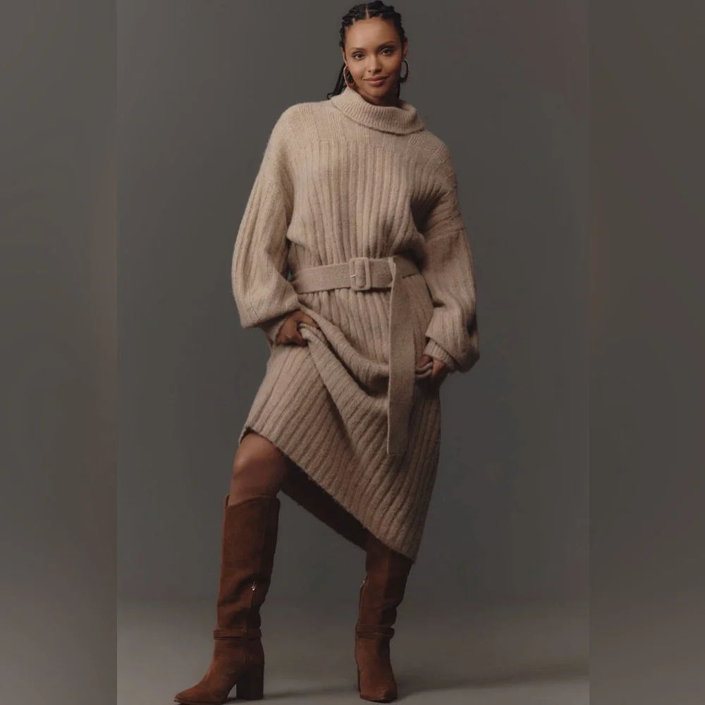 Anthropologie Long sleeve oversized turtleneck belted sweater midi dress, sz XSP - Picture 13 of 13